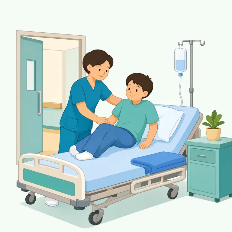hospitalize（入院させる・動詞）の覚え方イラスト — hospital（病院）＋動詞化の -ize（modernize, apologize と同じ語尾）で「病院に入れる＝入院させる」と分解すれば一目瞭然