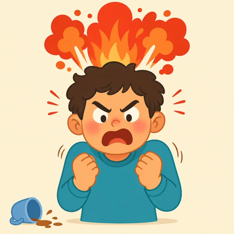 hot-tempered（短気な・形容詞）の覚え方イラスト — temper はここでは「気質」、hot は「熱くなった」という意味です