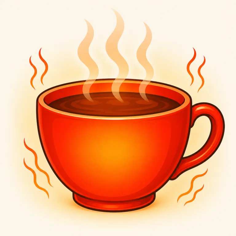 hot（熱い・形容詞）の覚え方イラスト — このエントリの hot は、天気の「暑い」ではなく、物や液体が高温で「熱い」という意味です