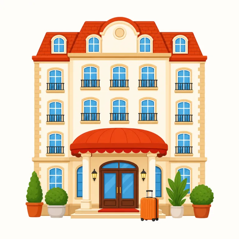 hotel（ホテル・名詞）の覚え方イラスト — hotel は travel の基本セットで覚えるのが最短です