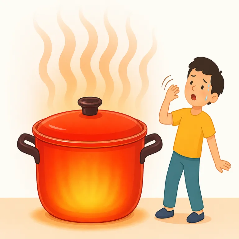hotness（熱さ、暑さ・名詞）の覚え方イラスト — hot は「熱い、暑い」、-ness は「その状態」という目印です
