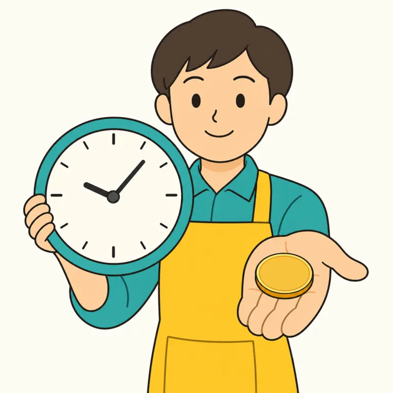 hourly（時給制の・adjective）の覚え方イラスト
