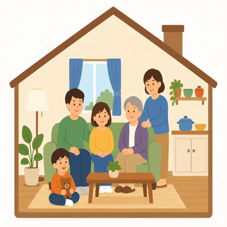 household（家庭、世帯・名詞）の覚え方イラスト — house を見たらまず「家・家庭」を連想し、household は individual ではなく family unit 全体にかかる語だと覚えると定着しやすいです