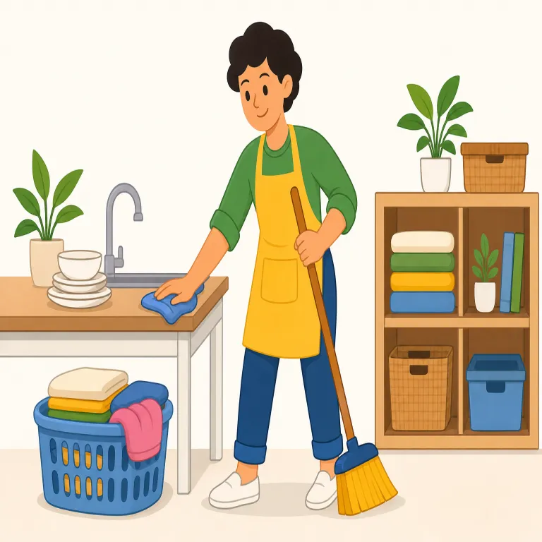 housekeep（家事を切り盛りする・動詞）の覚え方イラスト — house + keep で「家を保つ・回す」と見れば覚えやすいです