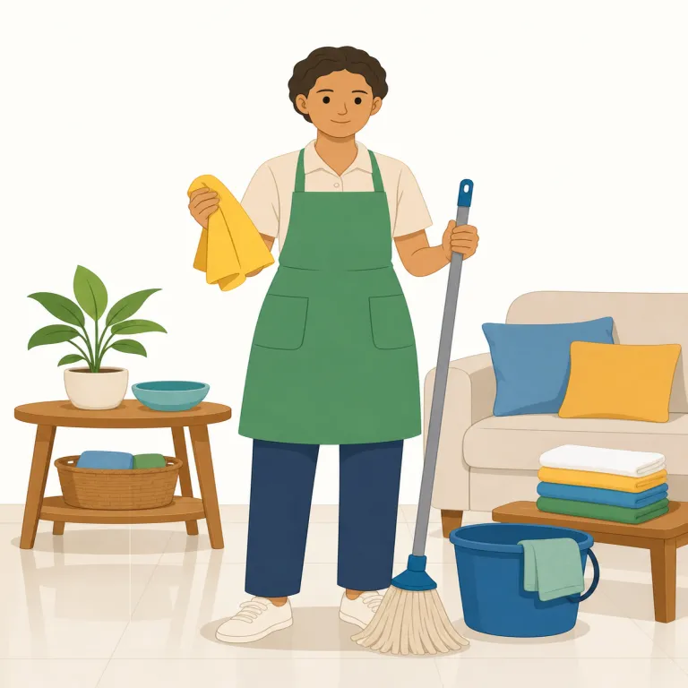 housekeeper（家政婦・名詞）の覚え方イラスト — このエントリの housekeeper は、単に家事をする人という広い基本義ではなく、家庭や邸宅で雇われ、掃除・洗濯・整理や家の運営補助を担う「家政婦」として覚えます
