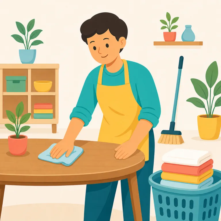 housekeeping（家事・名詞）の覚え方イラスト — house と keep が見えれば、「家をきちんと保つこと」から意味を引けます