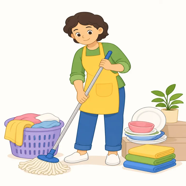 housework（家事・名詞）の覚え方イラスト — housework は house + work で、「家のためにする仕事」と考えるとそのまま覚えられます