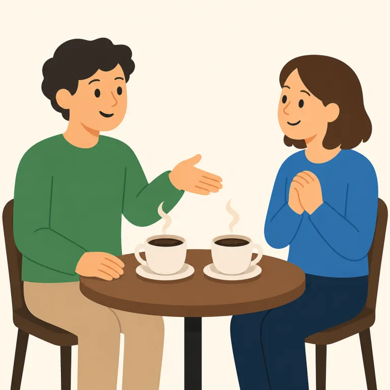 how about some coffee（コーヒーでもどう・イディオム）の覚え方イラスト — この「コーヒーでもどう」は、正式な接待の「コーヒーはいかがですか」よりくだけた、軽い誘いとして覚えるとよいです
