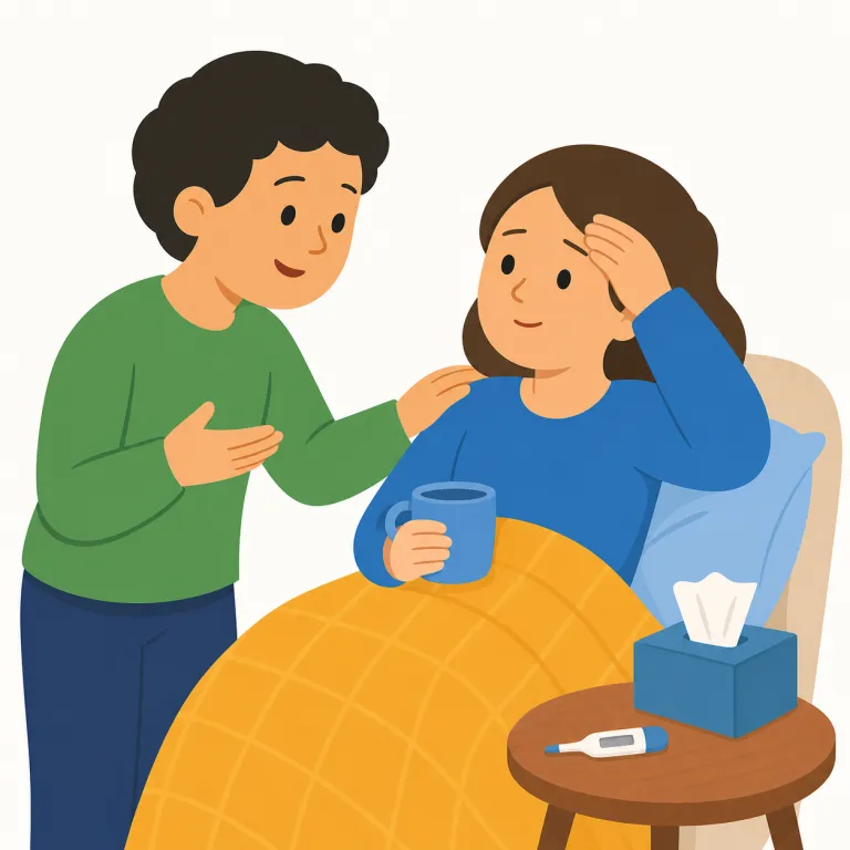 how are you feeling（具合はどう？・イディオム）の覚え方イラスト — "How are you feeling?" は、相手の健康状態や回復具合を確認する「具合はどう？」という気づかいの表現です