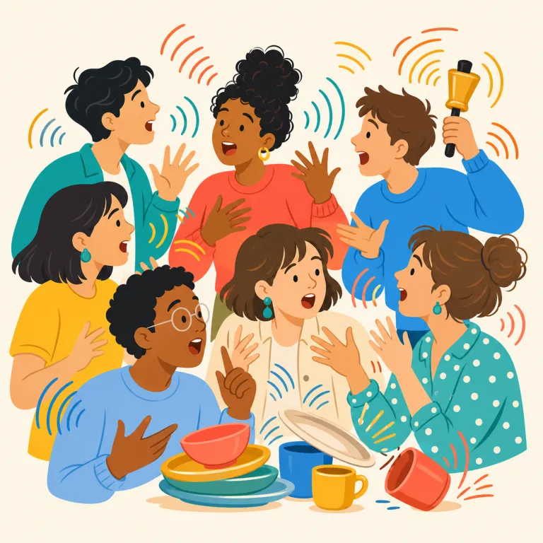 hubbub（喧騒・名詞）の覚え方イラスト — 短く似た音が2回ぶつかる形そのものを、たくさんの声が一度に重なって聞こえる場面と結びつけると残りやすい