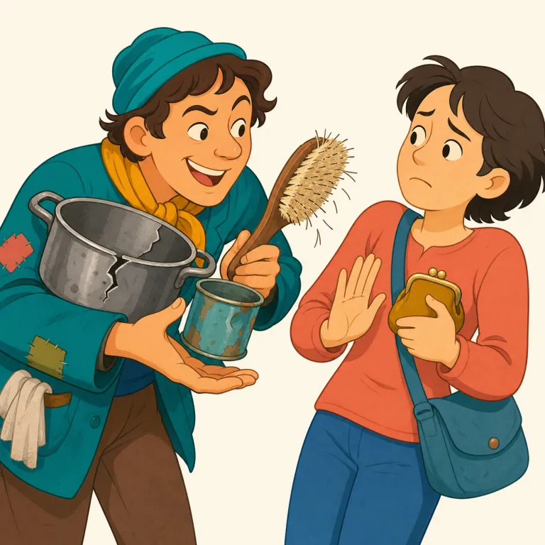 huckster（押し売り屋・悪徳商人・名詞）の覚え方イラスト — まず「普通に物を売る人」ではなく、話術で押し切って売りつける人物像と結びつけると定着します