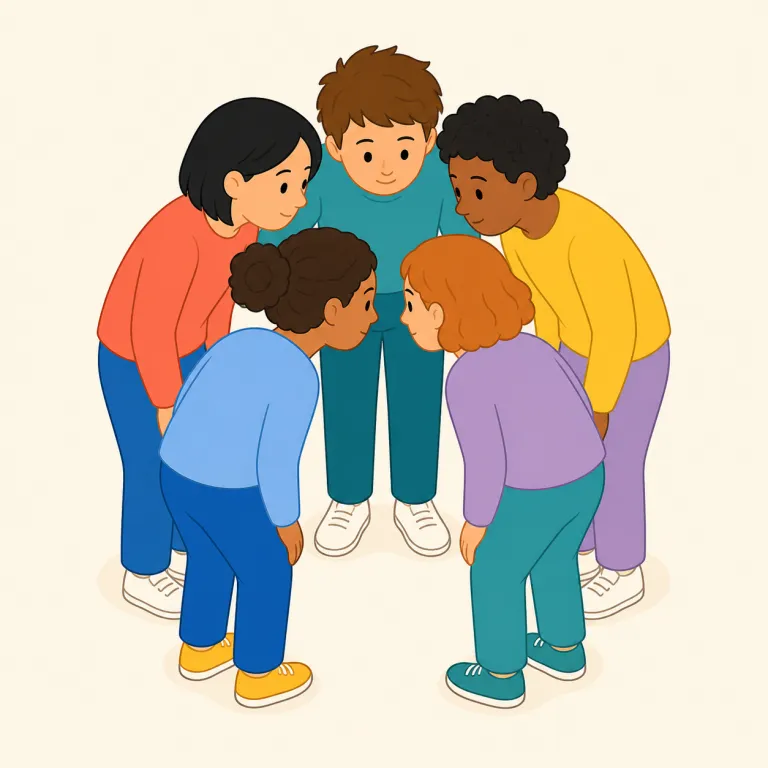 huddle（身を寄せ合う・動詞）の覚え方イラスト — huddle は group や gather よりも「近くに寄って小さくまとまる」感じが強い動詞です