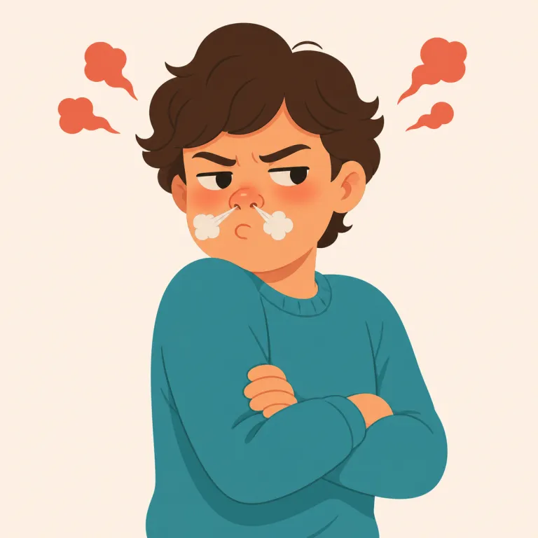 huff（怒り / ぷんぷんする・名詞）の覚え方イラスト — huffは腹を立てて「フンッ」と強く息を吐く姿から、怒りや不機嫌を表す