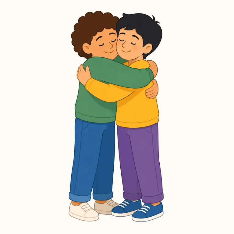 hug（抱きしめる・動詞）の覚え方イラスト — verb の hug は、相手との距離を縮めて腕で囲む「動き」に注目する