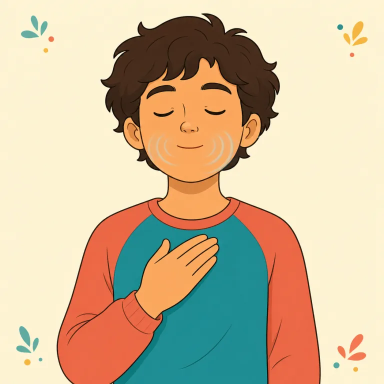 hum（鼻歌を歌う・動詞）の覚え方イラスト — humは唇を閉じて「ンー」と声を出す音を表す語