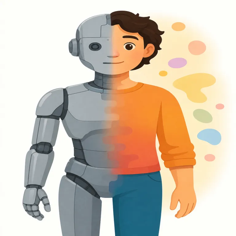 humanize（人間味を与える・動詞）の覚え方イラスト — human は「人間の」、-ize は organize や modernize のように「〜にする」を表す接尾辞です