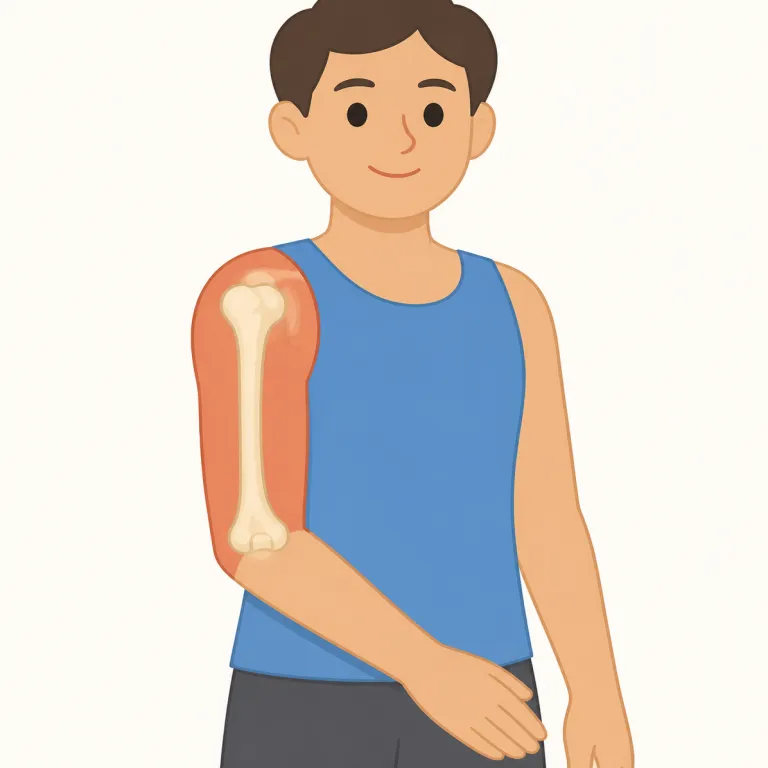 humeral（上腕骨の・形容詞）の覚え方イラスト — humeral は humerus「上腕骨」に -al「〜に関する」が付いた医学・解剖学の形容詞で、「上腕骨の」と覚える