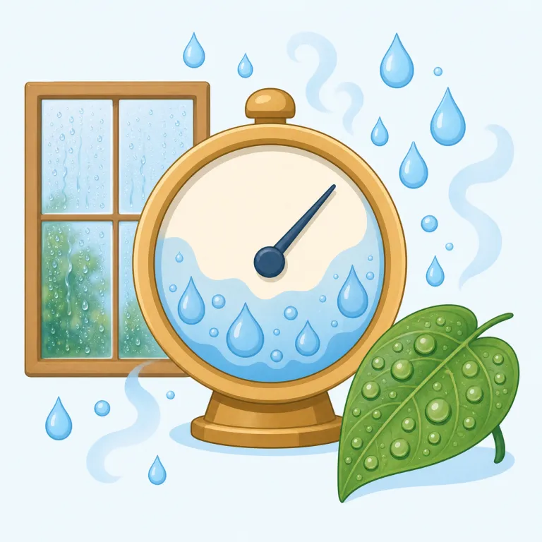humidity（湿度・名詞）の覚え方イラスト — humidity は humid「湿った」に -ity「状態・性質」が付いた名詞で、空気中の水分を数値や割合として見る「湿度」と覚える