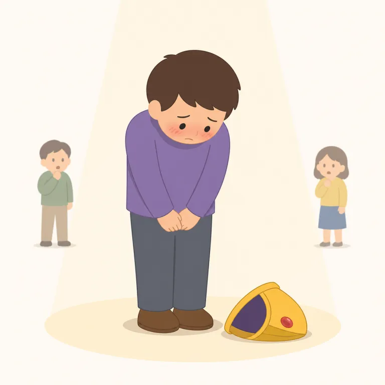 humiliation（屈辱・名詞）の覚え方イラスト — このエントリの humiliation は、単に「恥をかかせること」という行為ではなく、その結果として本人が味わう深い「屈辱」を表す