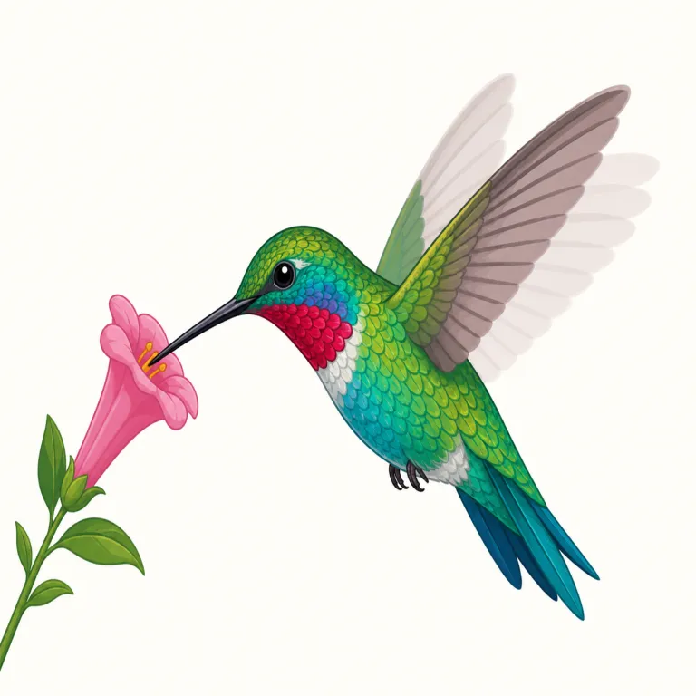 hummingbird（ハチドリ・名詞）の覚え方イラスト — hummingbird は hum（ブーンという音）+ bird（鳥）で、「羽音を立てる小さな鳥」と考えると覚えやすいです