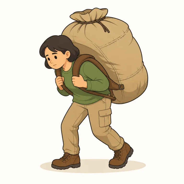 humping（重い荷物を担いで運ぶ・動詞）の覚え方イラスト — hump を「こぶ・盛り上がり」のイメージで押さえると、重い荷物で背中がこんもり曲がった姿が浮かびます