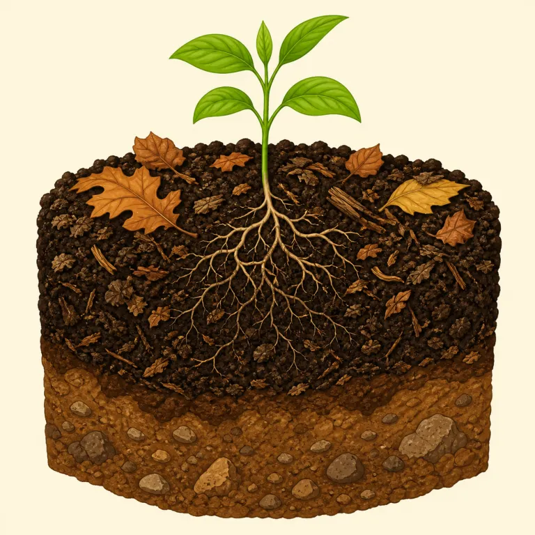 humus（腐植土・名詞）の覚え方イラスト — humus は soil「土」と compost「堆肥」の間に置いて覚えると整理しやすい語です