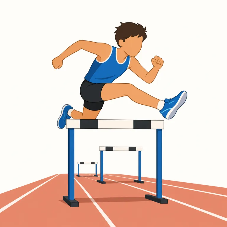 hurdler（ハードル選手・名詞）の覚え方イラスト — hurdler は hurdle「ハードル」に -er「する人」が付いた形で、陸上競技のハードル走を専門に走る選手を表します