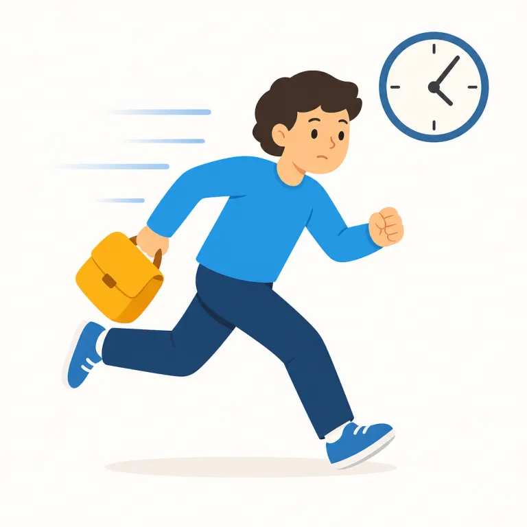 hurry（急ぐ・動詞）の覚え方イラスト — hurry は「急ぐ」の動詞でも頻出だが、名詞では in a hurry「急いで」「慌てて」、There's no hurry.「急がなくていい」でまず固定する