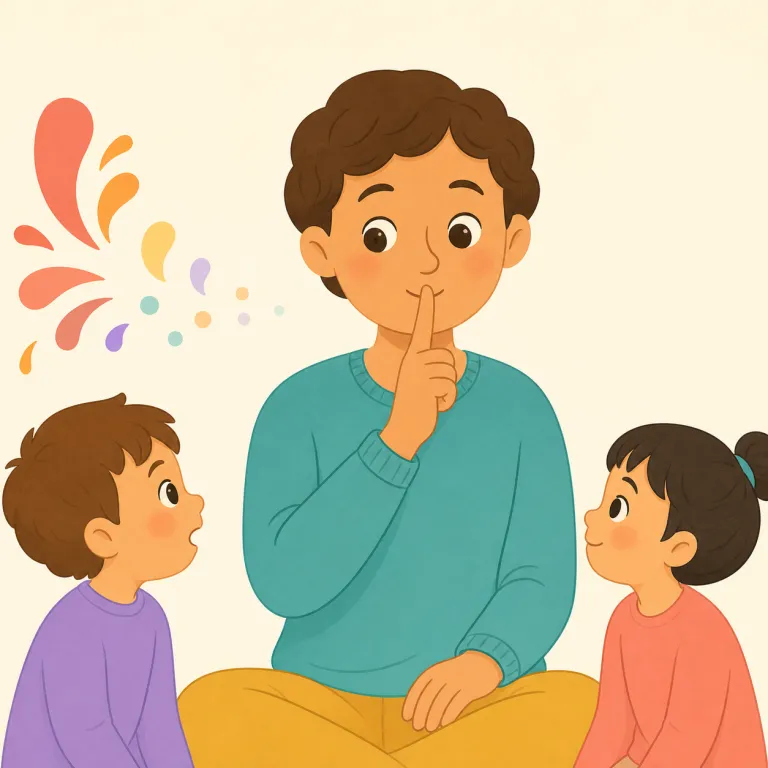 hush（静かにさせる・動詞）の覚え方イラスト — hushは「シーッ」と声や物音を止める場面に結び付ける
