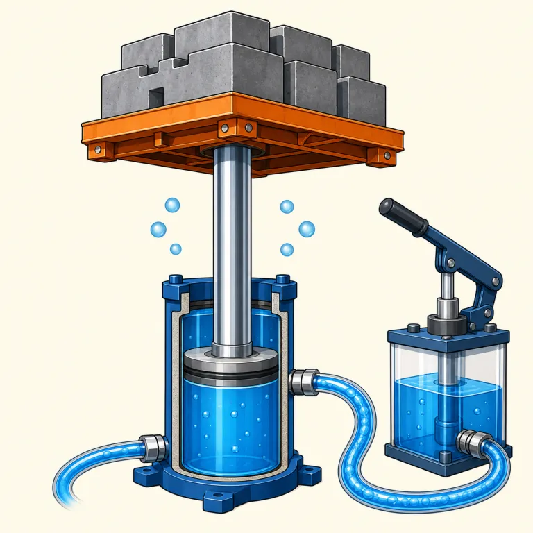 hydraulic（油圧の・形容詞）の覚え方イラスト — hydraulic jack、hydraulic press、hydraulic system の3つをセットで覚えると定着しやすいです