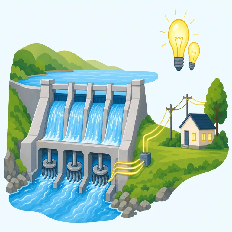 hydroelectricity（水力発電・名詞）の覚え方イラスト — hydro + electric + -ity に分けると覚えやすい