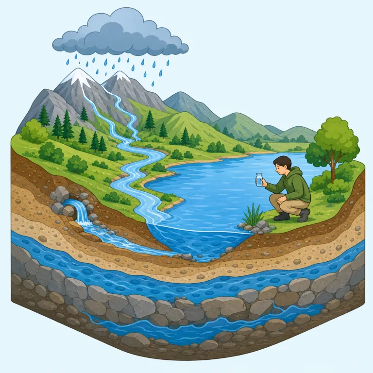 hydrology（水文学・名詞）の覚え方イラスト — `-logy` が付けば biology, geology, ecology と同じく「研究・学問」の仲間
