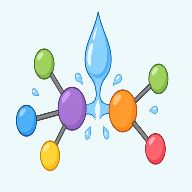 hydrolysis（加水分解・名詞）の覚え方イラスト — hydro- は hydrogen, hydrate などで見かける「水まわり」の印、-lysis は analysis, dialysis などに共通する「ばらす・分ける」側…