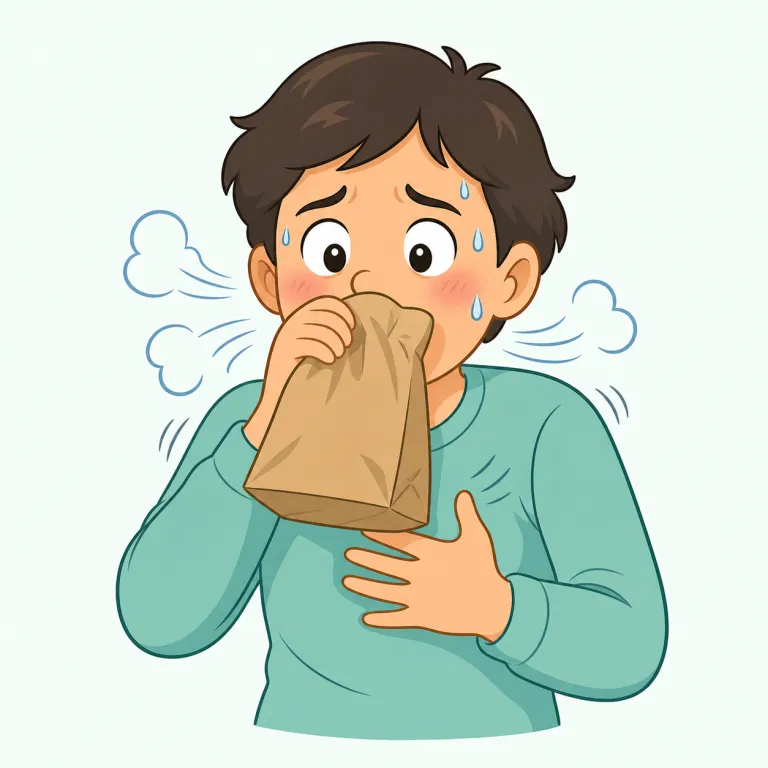 hyperventilate（過呼吸になる・動詞）の覚え方イラスト — hyper- は hyperactive などと同じで「行きすぎた・過剰な」の合図