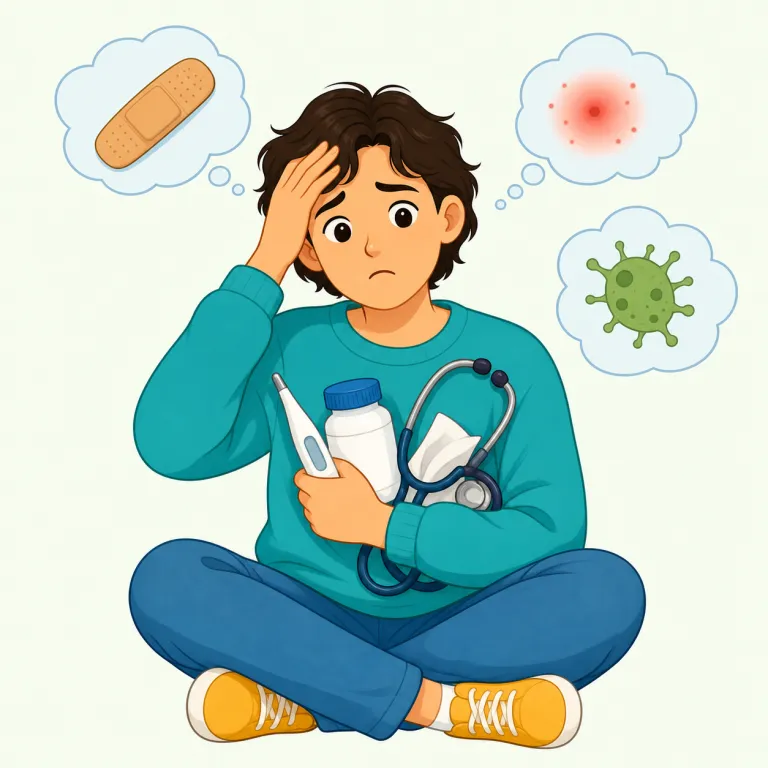 hypochondriac（心気症の人、心気症患者・名詞）の覚え方イラスト — 意味は「少しの症状でも重病ではと疑ってしまう人」