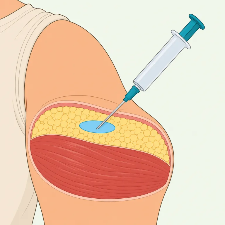 hypodermic（皮下注射の・形容詞）の覚え方イラスト — `hypo-` は `hyper-` の反対側で「低い・下」、`derm` は `dermal` や `dermatology` に出る「皮膚」の仲間