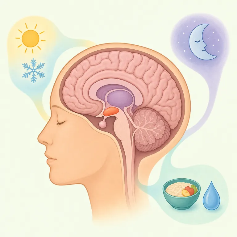 hypothalamus（視床下部・名詞）の覚え方イラスト — hypo- は hypoglycemia などでも見る「低い・下」の印