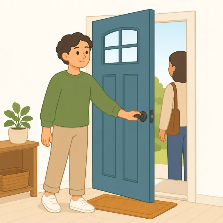 i'll get the door（ドアを開けます・イディオム）の覚え方イラスト — I'll get the door は、ノックやチャイムに気づいたときに「私がドアを開けます」と申し出る表現です