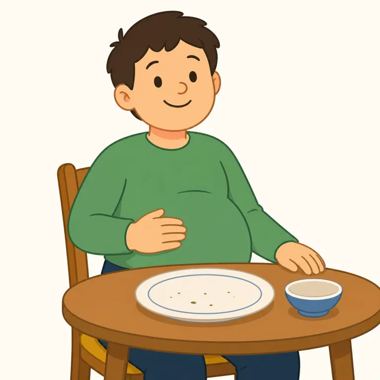 i'm full（お腹いっぱいです・イディオム）の覚え方イラスト — full は『空きがなく中まで満ちている』基本イメージで覚えると、食後に胃がいっぱいな感覚へ自然につながる
