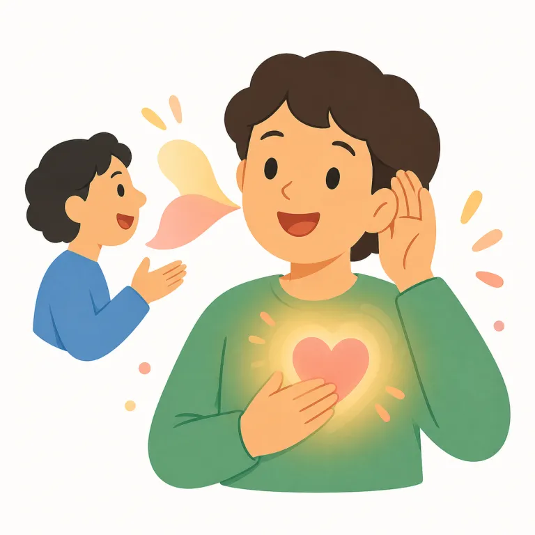 i'm glad to hear that（よかったね・イディオム）の覚え方イラスト — この「よかったね」は、相手のよい知らせを受けて短く共感する返事として覚えます