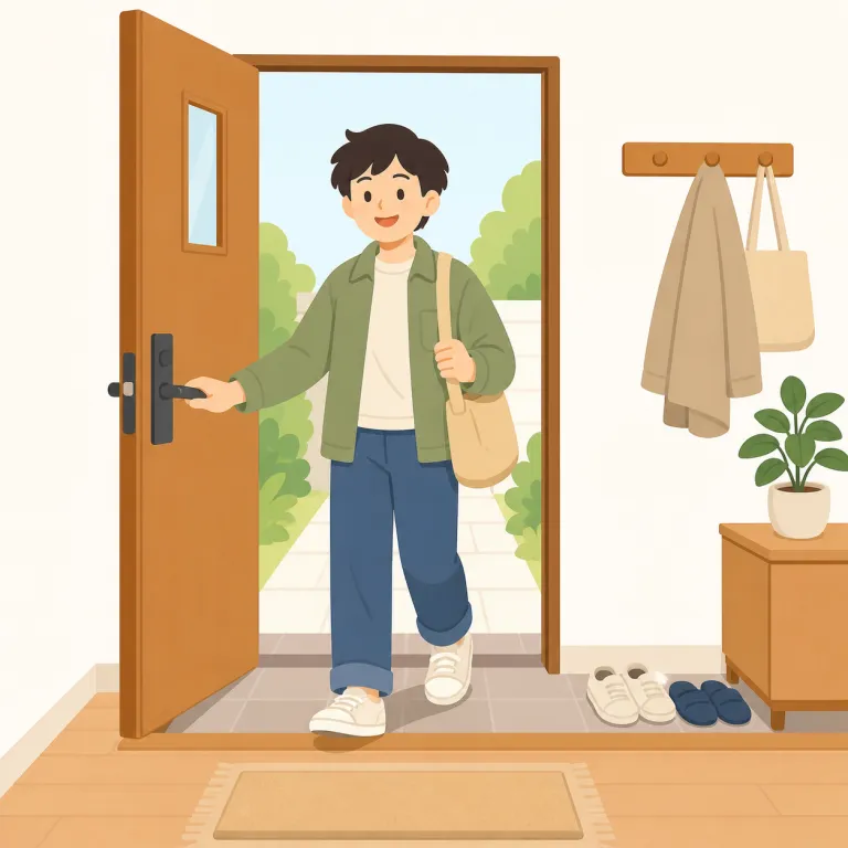 i'm home（ただいま・イディオム）の覚え方イラスト — これは I’m home の「家にいます」という居場所の説明とは別に、家へ帰ってきた瞬間の第一声として使う「ただいま」の意味です