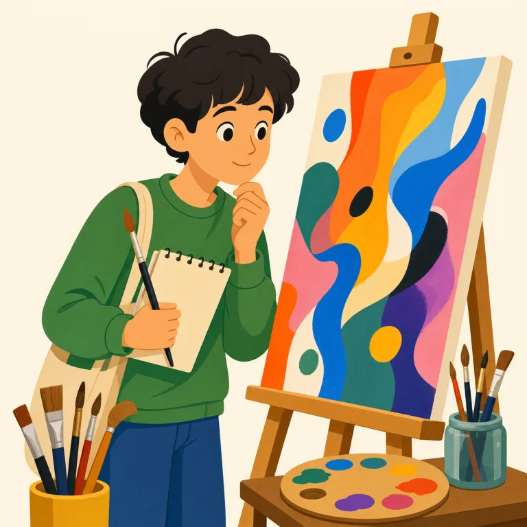 i'm interested in art（美術に興味がある・イディオム）の覚え方イラスト — be interested in + 名詞 で「〜に興味がある」という型ごと覚えるのが近道です