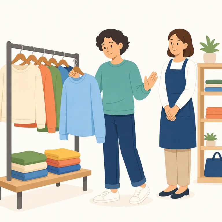 i'm just looking（見るだけです・イディオム）の覚え方イラスト — 「店で声をかけられた場面」で丸ごと覚えるのが最短です