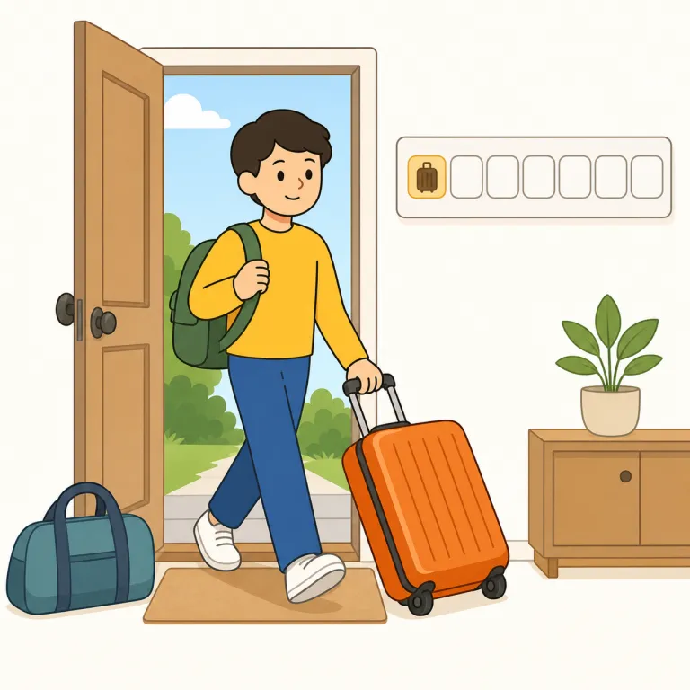 i'm leaving on monday（月曜に出発）の覚え方イラスト — 「leave＝去る・出発する」を土台にすると覚えやすい表現です