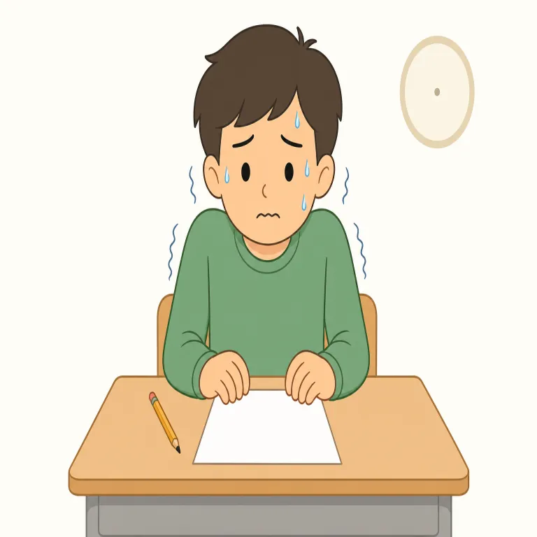 i'm nervous about the test（テストで緊張している）の覚え方イラスト — 丸ごと「I’m nervous about ...」の型で覚えると実戦で使いやすい