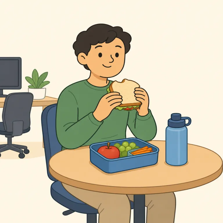 i'm on my lunch break（昼休み中です。・フレーズ）の覚え方イラスト — まず lunch break をひとかたまりで覚えると定着しやすいです
