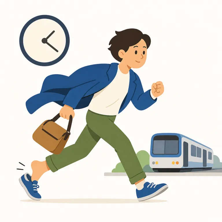 i'm running late（遅刻しそうです・イディオム）の覚え方イラスト — late だけでも「遅れている」ですが、running late は run が入ることで「今まさに急ぎながらも遅れつつある」動きのある感覚になります