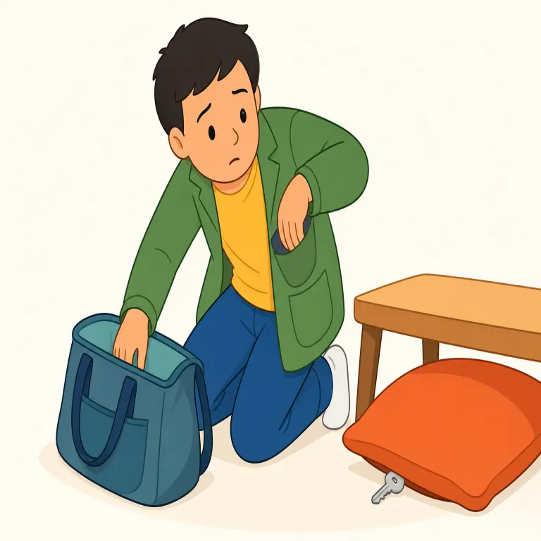 i can't find my key（鍵が見つかりません。）の覚え方イラスト — `find` は基本動詞『見つける』