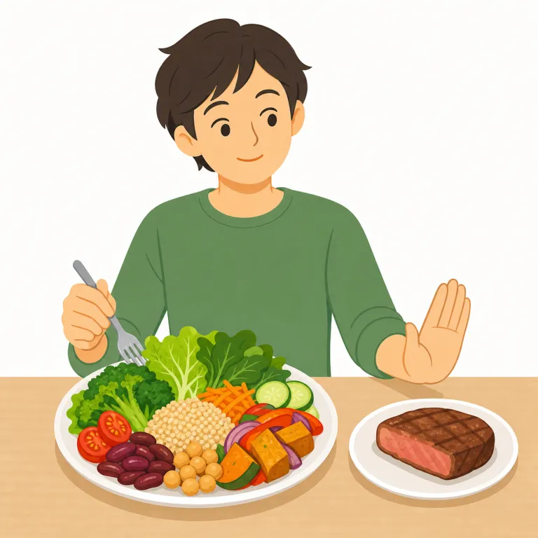 i don't eat meat（肉は食べない・イディオム）の覚え方イラスト — この表現は単語暗記ではなく、食事の場面でそのまま使う定型文として覚えると強いです