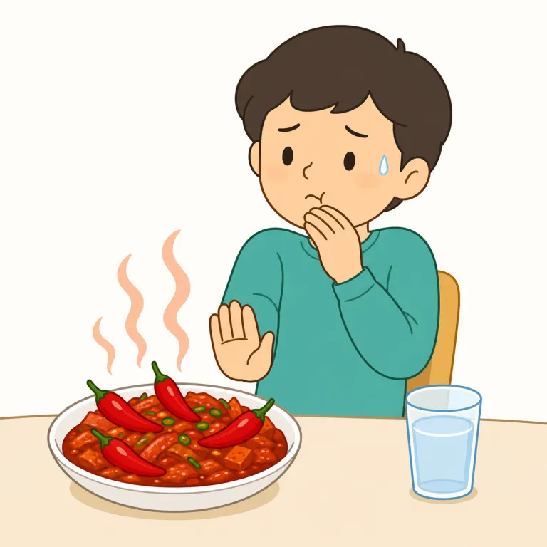 i don't like spicy food（辛い物は苦手・イディオム）の覚え方イラスト — このエントリでは「辛い物は苦手」という、辛さへの弱さや避けたい気持ちを伝える表現として覚える